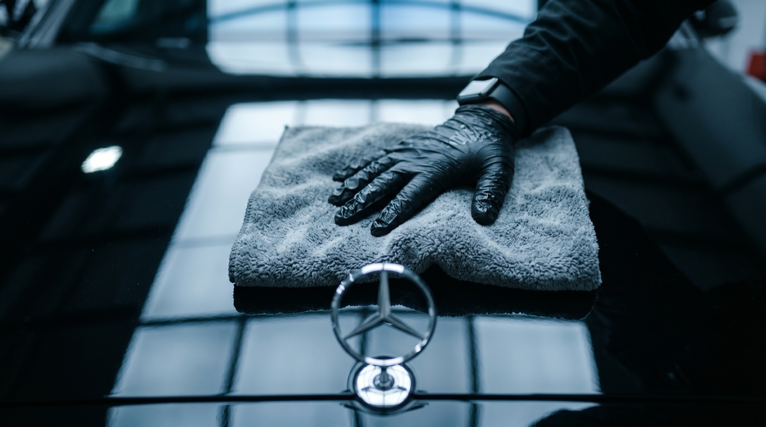 Lavage à la main — détail capot Mercedes